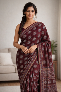 Maroon Ajrakh Handblock Printed Chanderi Silk Saree