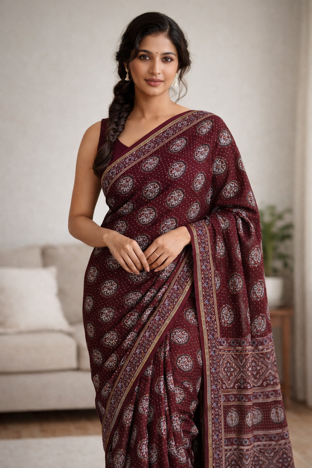 Maroon Ajrakh Handblock Printed Chanderi Silk Saree