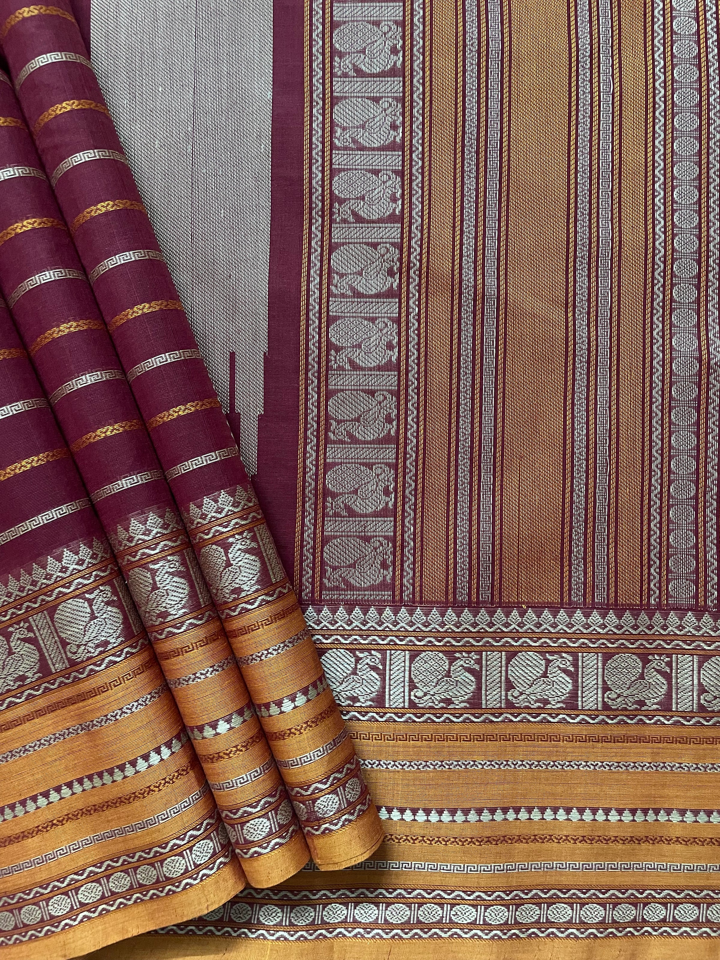 Maroon H. stripes Handloom Kanchi Cotton Saree with Yellow Border