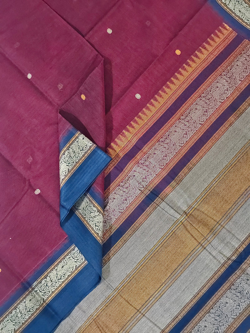 Maroon Handloom Kanchi Cotton Saree with Navy Blue Border