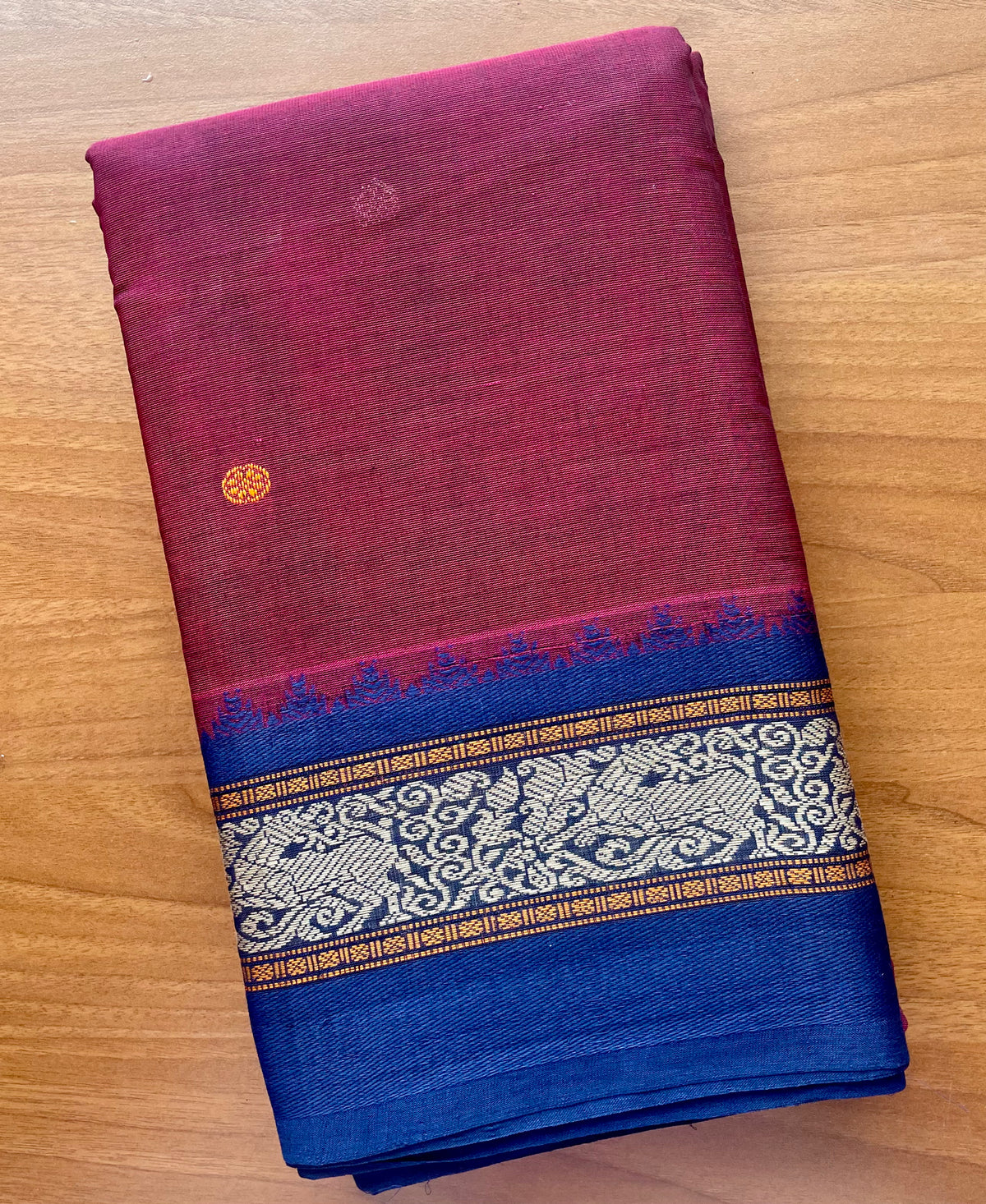 Maroon Handloom Kanchi Cotton Saree with Navy Blue Border