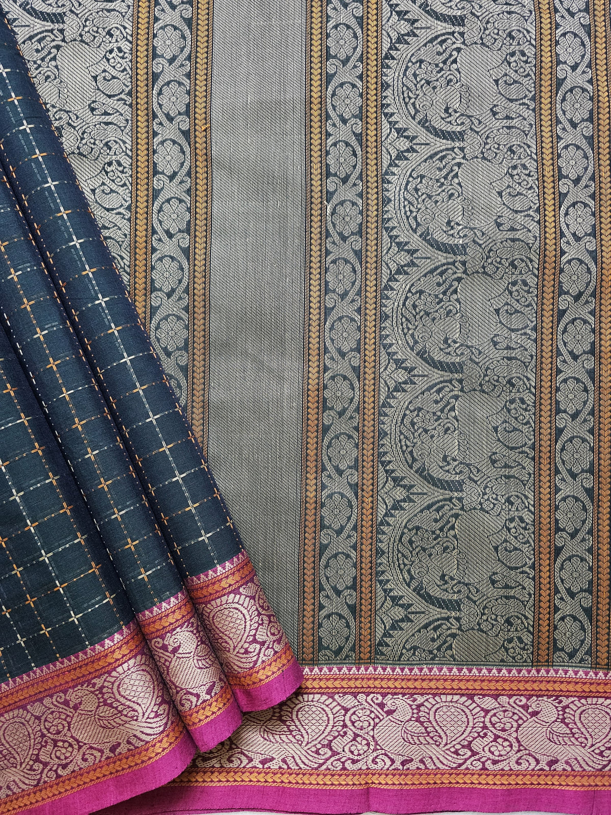 Mayura Leelavati – Dark Green Handloom Kanchi Cotton Saree with Pink Peacock Border