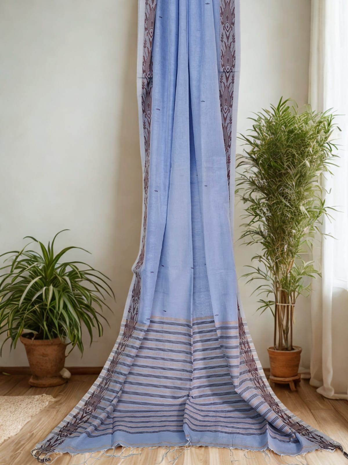 Meenashi – Light Blue Handloom Tangail Khadi Saree with Fish Motif Brown Border