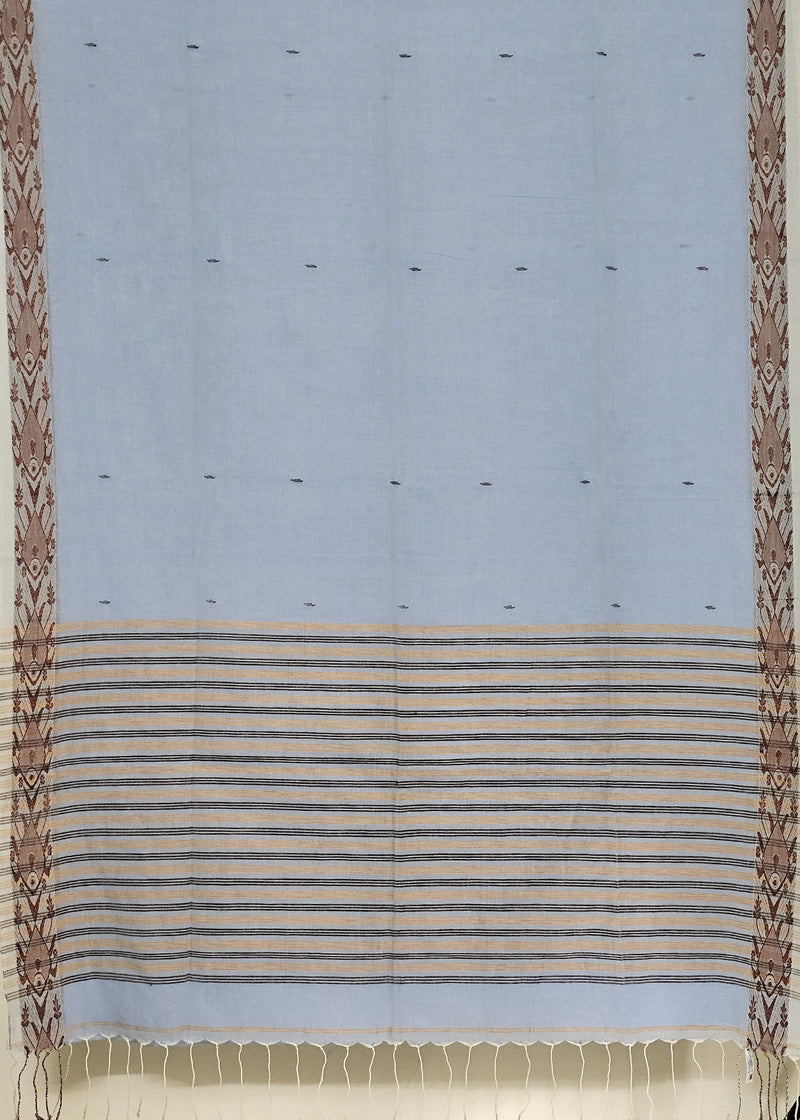 Meenashi – Light Blue Handloom Tangail Khadi Saree with Fish Motif Brown Border