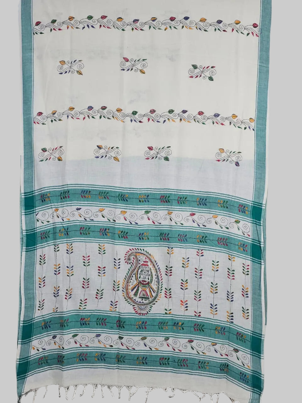 Mrinalika – White Kantha Hand Embroidered Cotton Saree with Teal Border