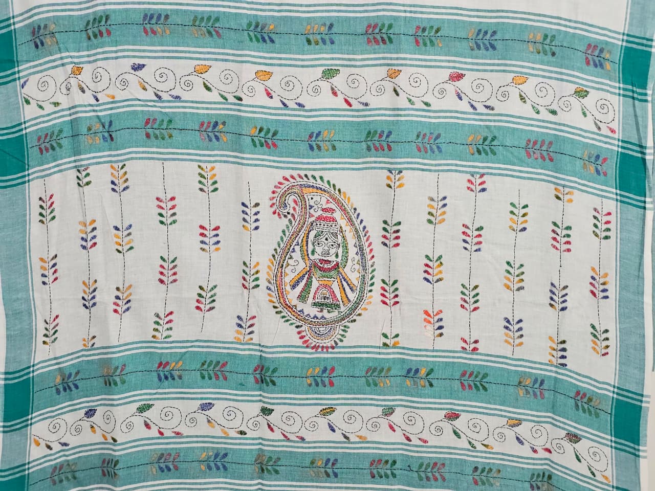 Pallu of Mrinalika – White Kantha Hand Embroidered Cotton Saree with Teal Border