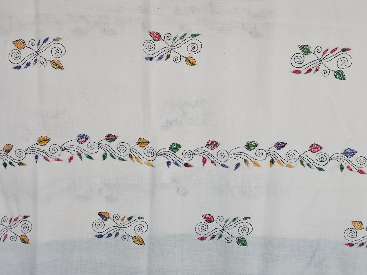 Embroidered pattern on Mrinalika – White Kantha Hand Embroidered Cotton Saree with Teal Border