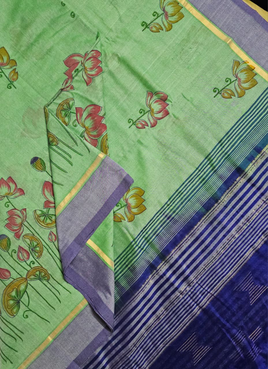 Nalini – Mint Green Handloom Bamboo Cotton Saree with Navy Blue Silk Cotton Pallu and Pichwai Print