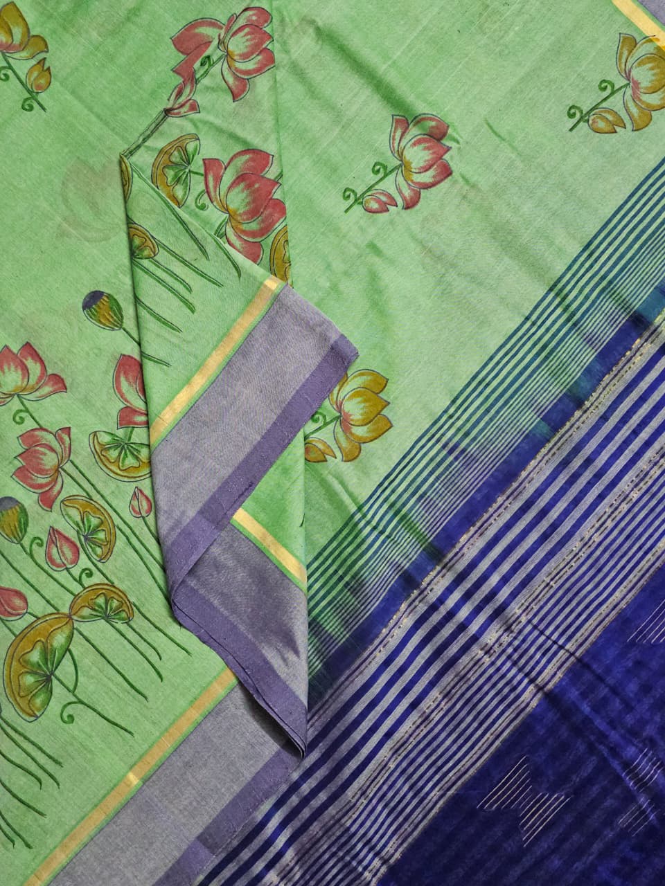 Nalini – Mint Green Handloom Bamboo Cotton Saree with Navy Blue Silk Cotton Pallu and Pichwai Print