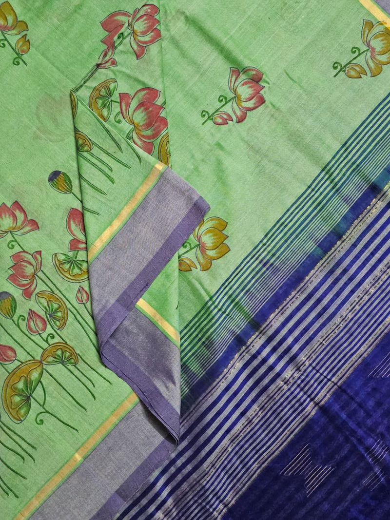 Nalini – Mint Green Handloom Bamboo Cotton Saree with Navy Blue Silk Cotton Pallu and Pichwai Print