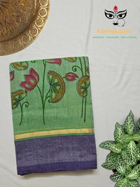 Nalini – Mint Green Handloom Bamboo Cotton Saree with Navy Blue Silk Cotton Pallu and Pichwai Print