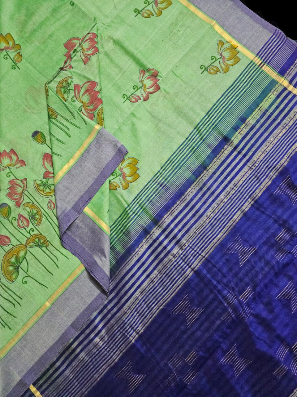 Nalini – Mint Green Handloom Bamboo Cotton Saree with Navy Blue Silk Cotton Pallu and Pichwai Print