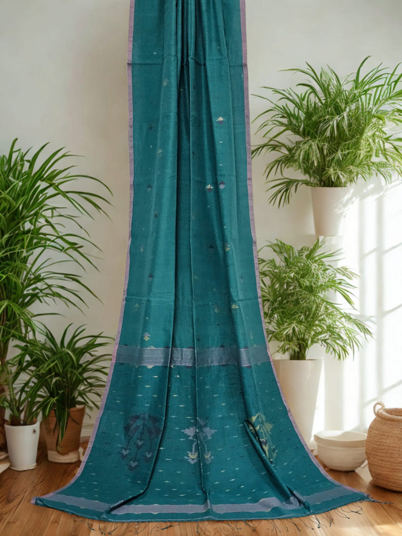 Nandini – Teal Jamdhani Handloom Khadi Saree with Pastel Geometric Motifs