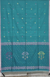 Nandini – Teal Jamdhani Handloom Khadi Saree with Pastel Geometric Motifs