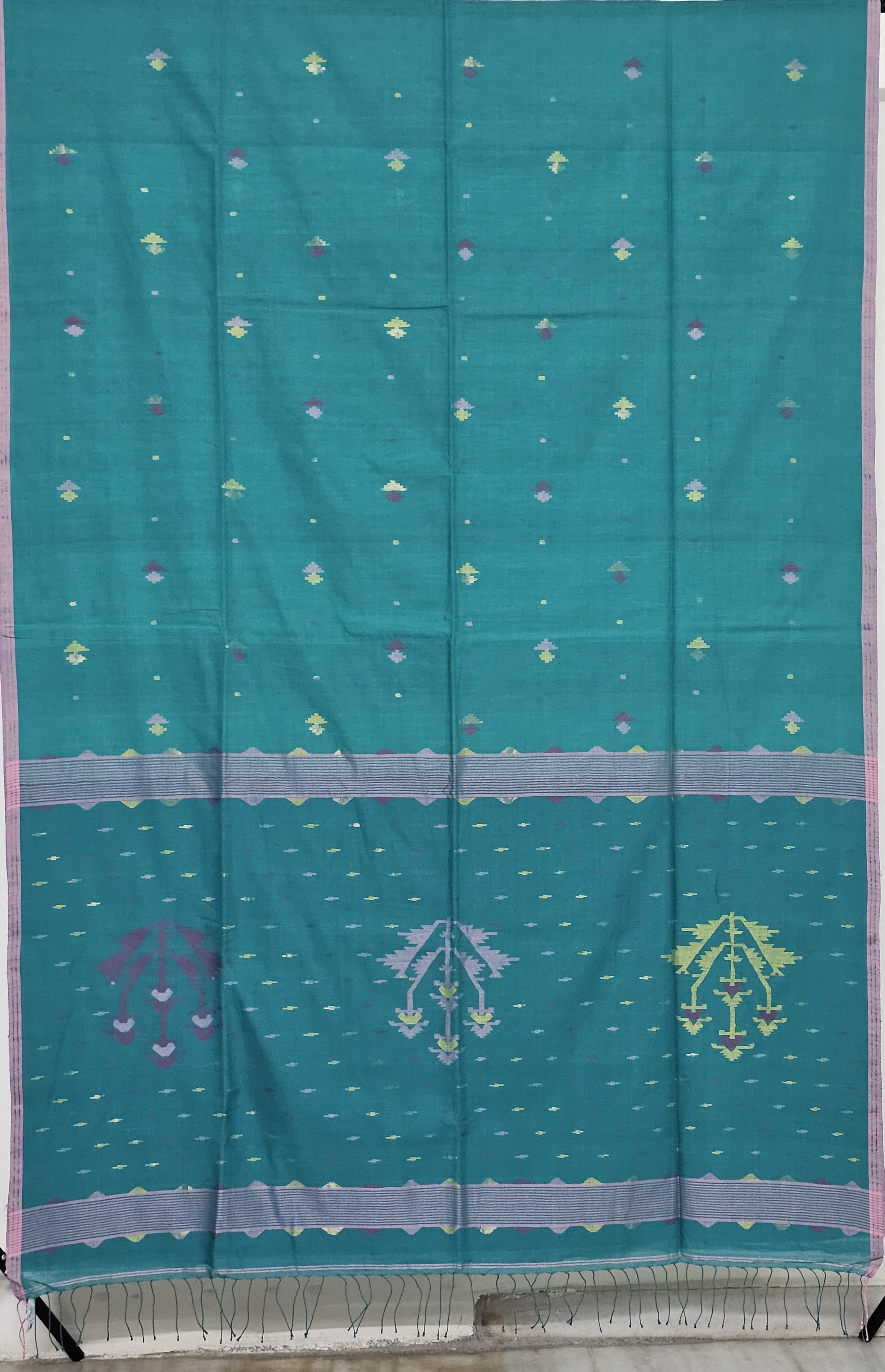 Nandini – Teal Jamdhani Handloom Khadi Saree with Pastel Geometric Motifs