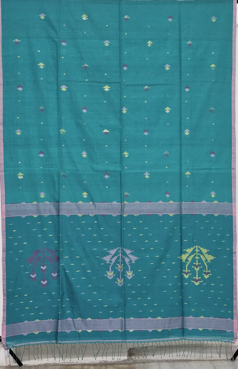 Nandini – Teal Jamdhani Handloom Khadi Saree with Pastel Geometric Motifs