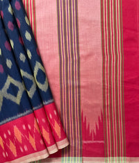 Navy Blue Ikkat Cotton Saree with Red Border