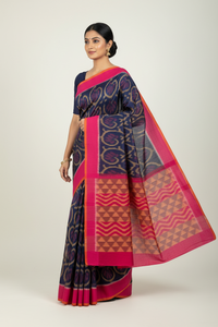 Navy Blue Ikkat Cotton Saree with Magenta Pink Border