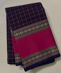 Navy Blue Lakshadeepam Handloom Kanchi Cotton Saree with Pink Rettai Pet Border