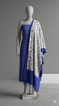 Mannequin dressed in Navy Blue Pochampally Handloom Ikat Mercerised Cotton Dress Material with Dupatta