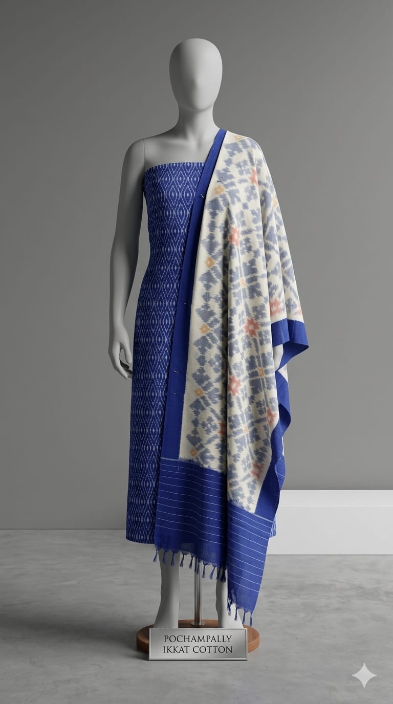 Mannequin dressed in Navy Blue Pochampally Handloom Ikat Mercerised Cotton Dress Material with Dupatta