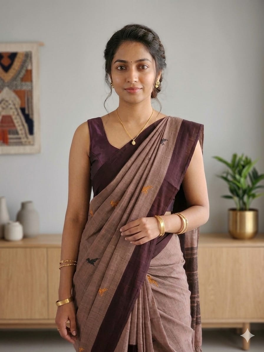 lady in Navya – Brown Pure Handloom Kanchi Cotton Saree with Parrot Motifs and Maroon Border