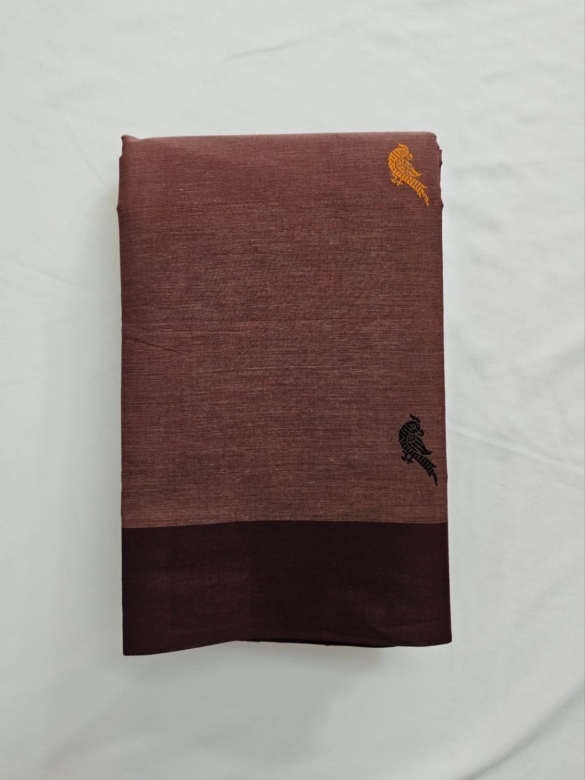 Navya – Brown Pure Handloom Kanchi Cotton Saree with Parrot Motifs and Maroon Border
