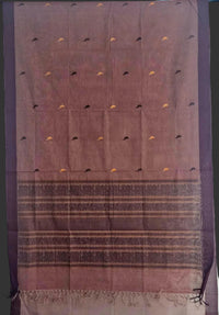 Navya – Brown Pure Handloom Kanchi Cotton Saree with Parrot Motifs and Maroon Border