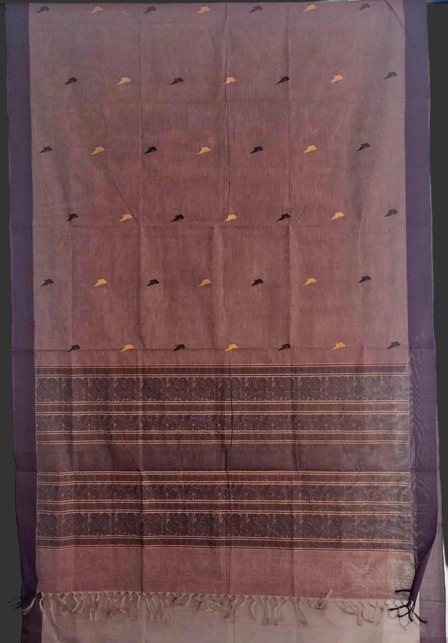 Navya – Brown Pure Handloom Kanchi Cotton Saree with Parrot Motifs and Maroon Border