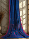 Neelambari – Prussian Blue Handloom Bengal Cotton Saree with Pink Motifs and Border