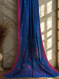 Neelambari – Prussian Blue Handloom Bengal Cotton Saree with Pink Motifs and Border
