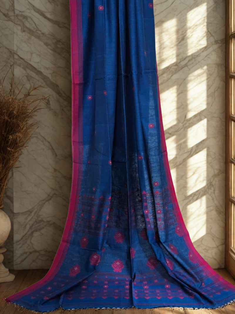 Neelambari – Prussian Blue Handloom Bengal Cotton Saree with Pink Motifs and Border