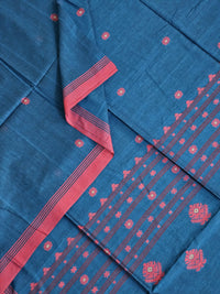 Neelambari – Prussian Blue Handloom Bengal Cotton Saree with Pink Motifs and Border