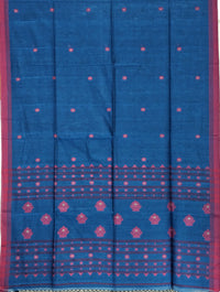 Neelambari – Prussian Blue Handloom Bengal Cotton Saree with Pink Motifs and Border
