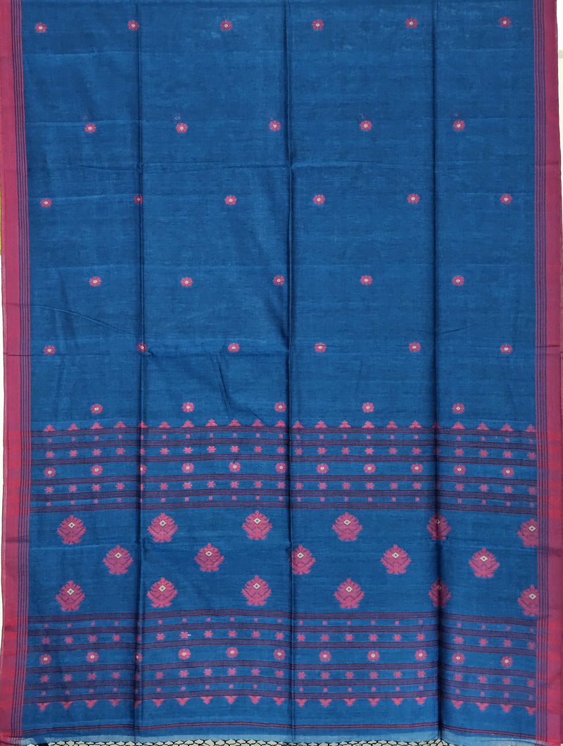 Neelambari – Prussian Blue Handloom Bengal Cotton Saree with Pink Motifs and Border