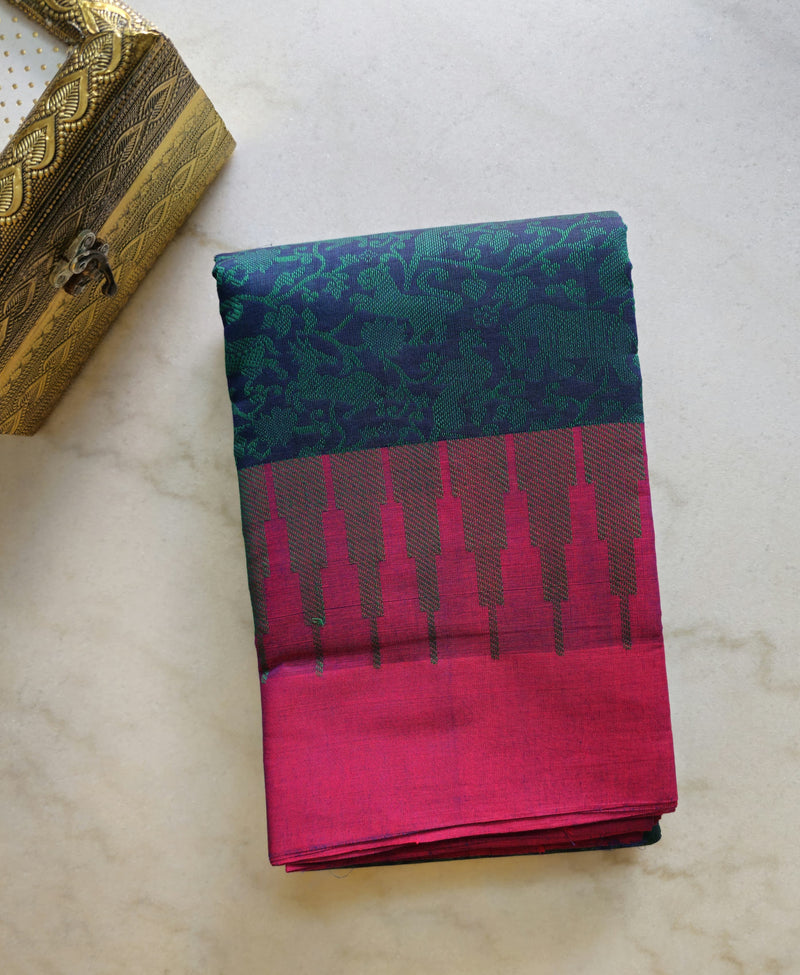 Neelavanī – Navy Blue Vanasingaram Handloom Kanchi Cotton Saree with Rani Pink Border