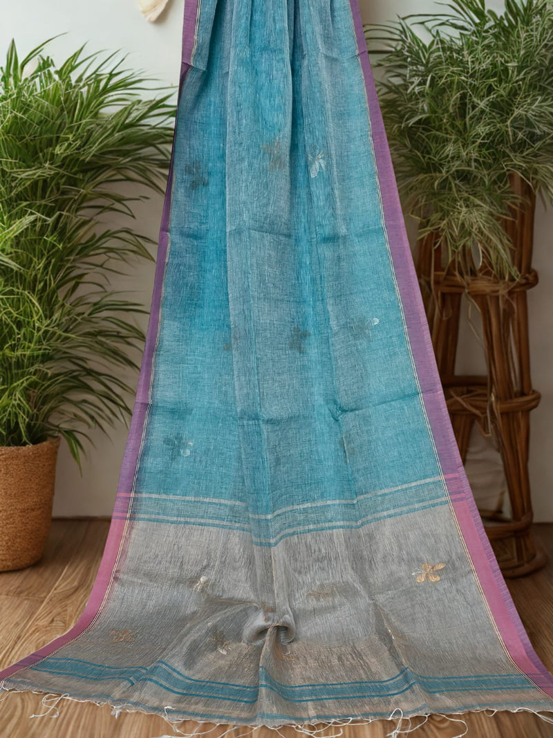Neelika – Blue Handloom Linen Saree with Butterfly Motifs