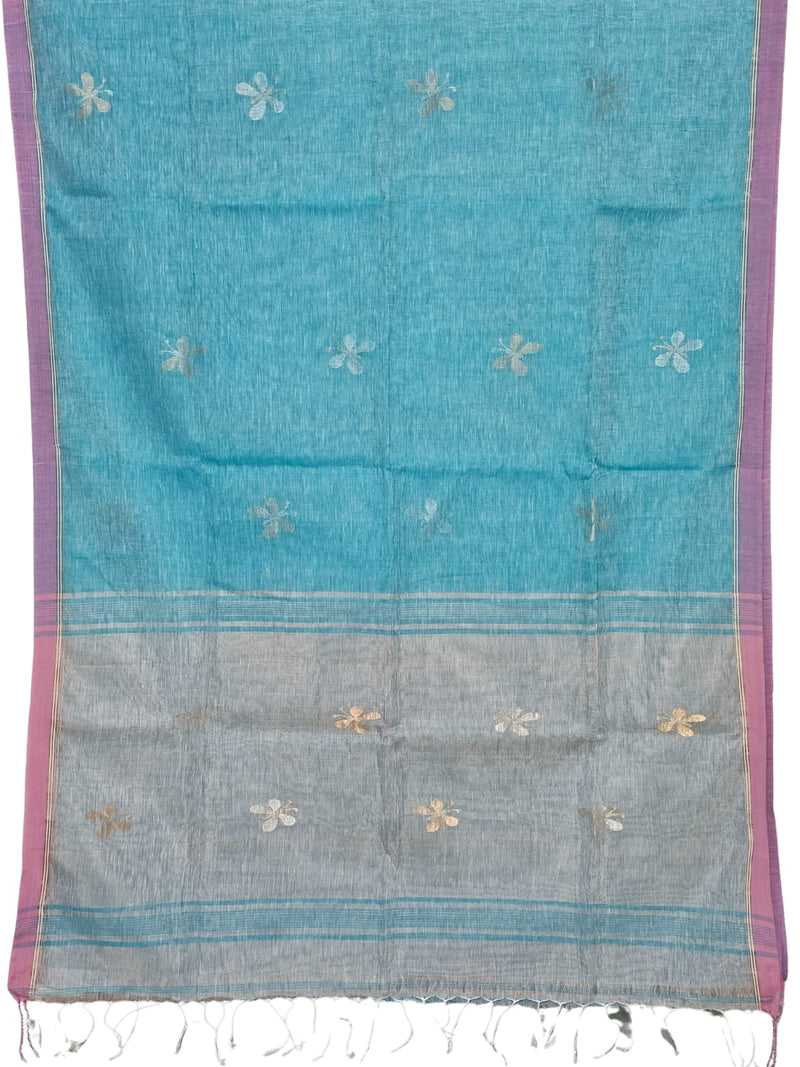 Neelika – Blue Handloom Linen Saree with Butterfly Motifs