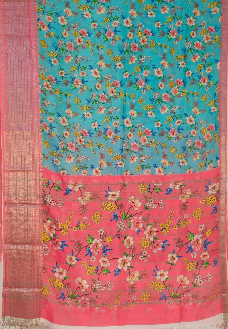 Nīlāmbara – Sky Blue Handloom Mangalagiri Silk Cotton Saree with Digital Print