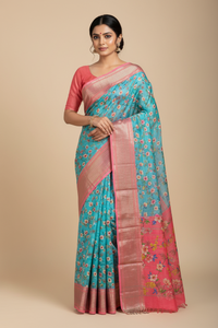 Nīlāmbara – Sky Blue Handloom Mangalagiri Silk Cotton Saree with Digital Print
