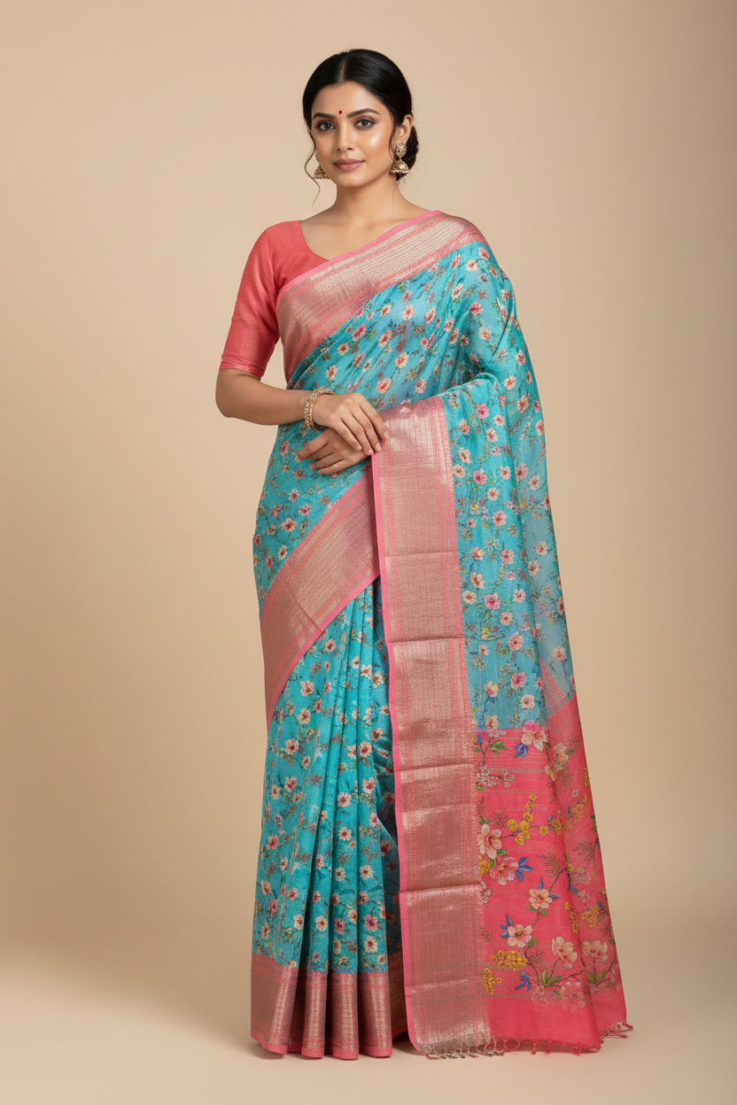 Nīlāmbara – Sky Blue Handloom Mangalagiri Silk Cotton Saree with Digital Print