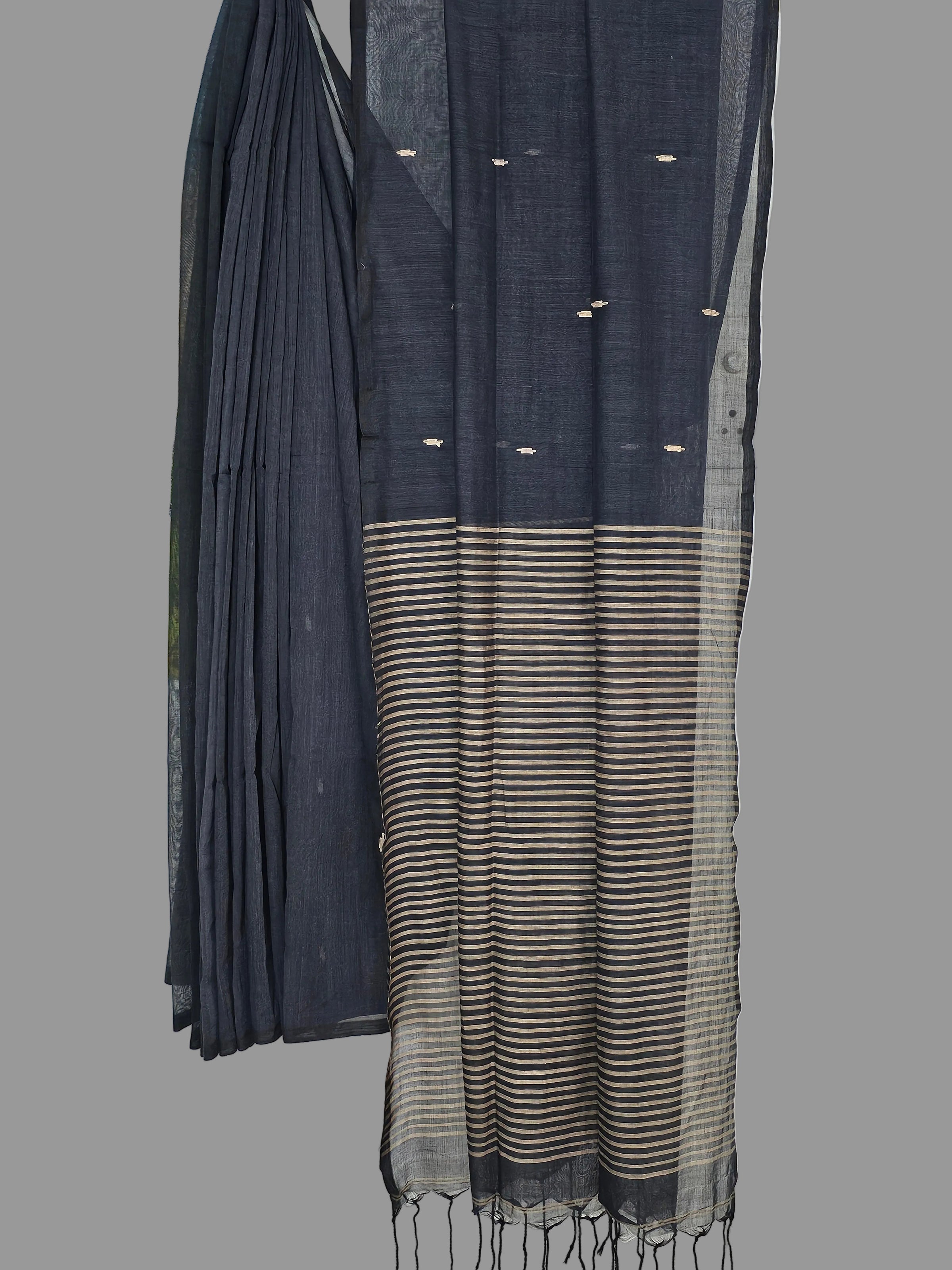 Nivritti – Charcoal Black Khadi Cotton Saree with Woven Butis