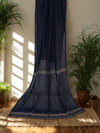 Nivritti – Navy Blue Handloom Khadi Cotton Saree with Woven Butis