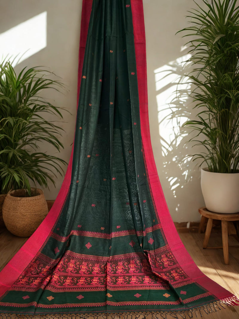 Nrityavati – Dark Green Handloom Bengal Cotton Saree with Baluchari Dance Motif Pallu