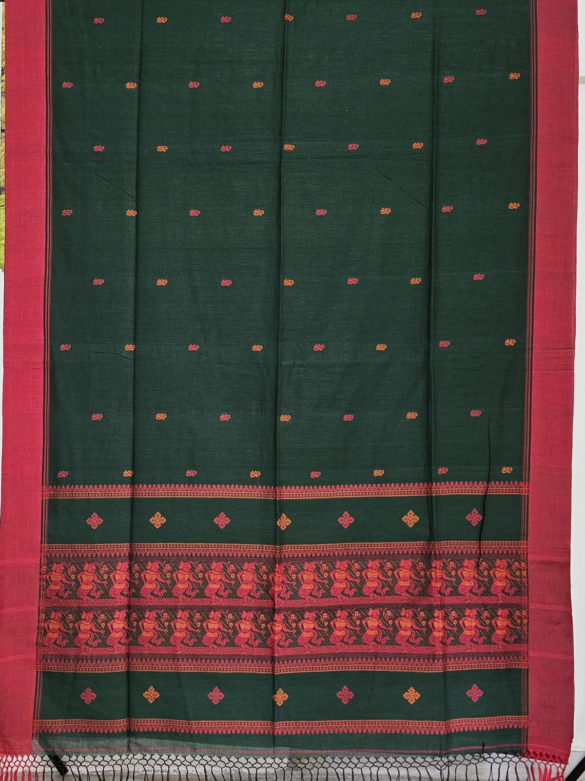 Nrityavati – Dark Green Handloom Bengal Cotton Saree with Baluchari Dance Motif Pallu
