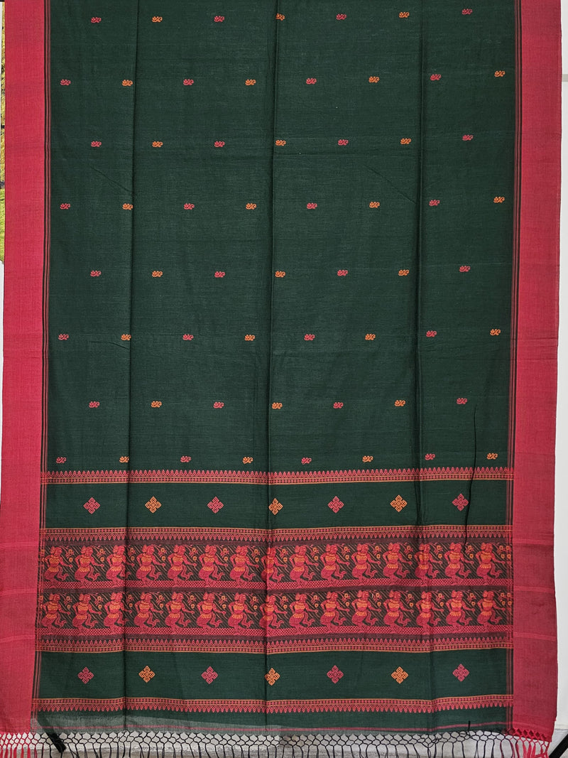 Nrityavati – Dark Green Handloom Bengal Cotton Saree with Baluchari Dance Motif Pallu