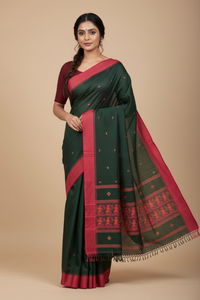 Nrityavati – Dark Green Handloom Bengal Cotton Saree with Baluchari Dance Motif Pallu