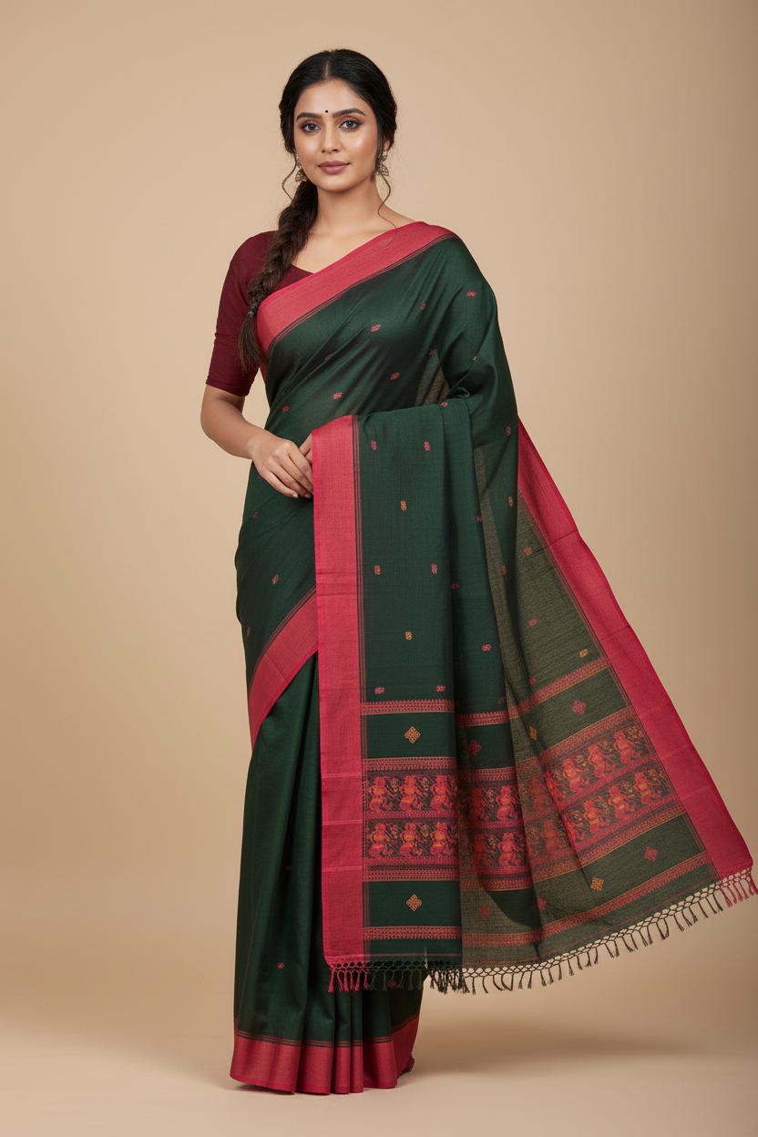 Nrityavati – Dark Green Handloom Bengal Cotton Saree with Baluchari Dance Motif Pallu