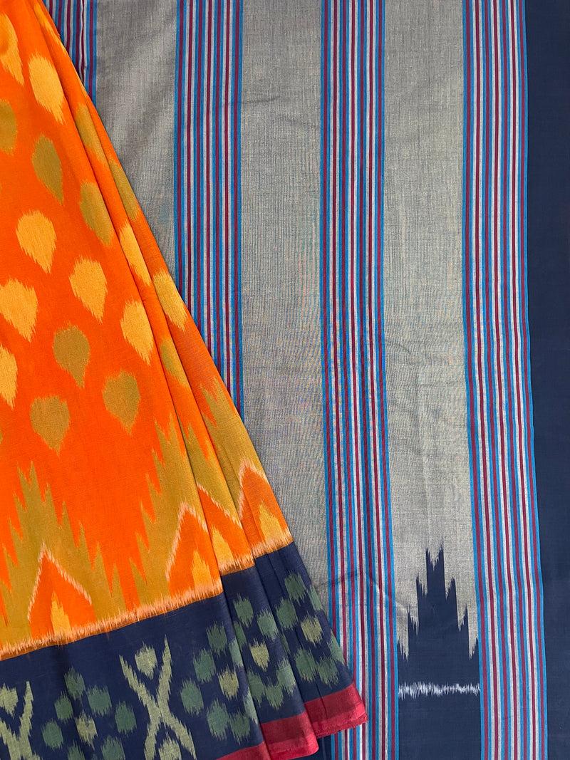 Orange Ikkat Cotton Saree with Navy Blue Border