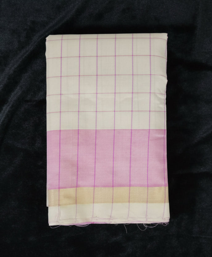 Off White Checkered Handloom Venkatagiri Silk Cotton Saree with Pink Pallu